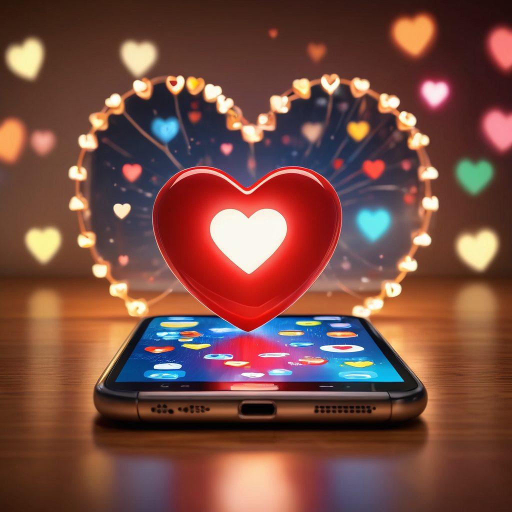 A heart-shaped smartphone with glowing app icons representing love and connection, surrounded by diverse people engaging in virtual interactions. The background features a warm, inviting atmosphere with soft lights to symbolize affection. Include digital elements like floating hearts and connecting lines. super-realistic. vibrant colors. soft focus.