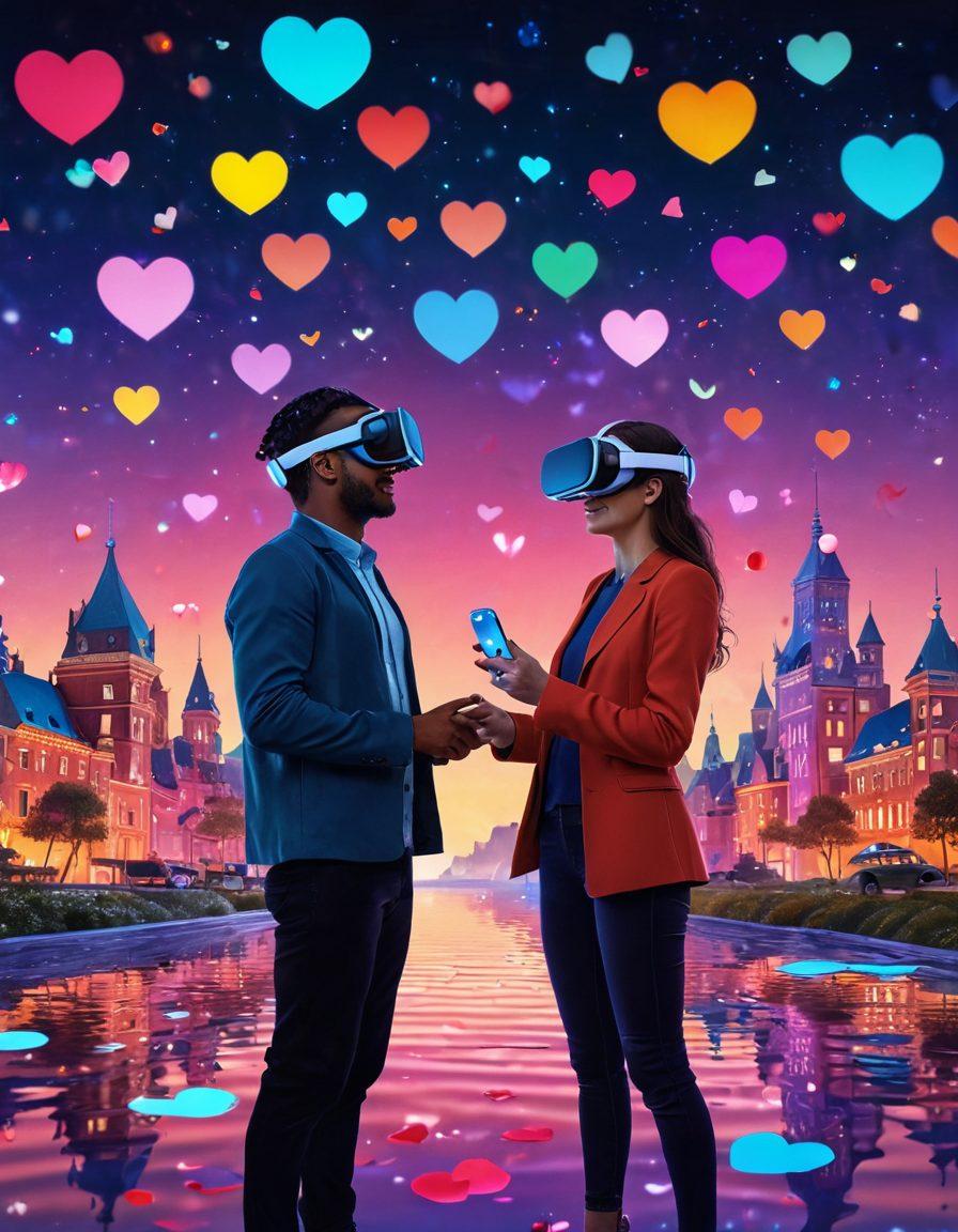 A romantic couple using VR headsets, experiencing a stunning digital landscape filled with colorful floating hearts and futuristic architecture. Surround them with elements representing various tech innovations like drones, holographic images, and smart gadgets. Incorporate a warm, glowing atmosphere symbolizing love and adventure. Modern and playful art style with vibrant colors.