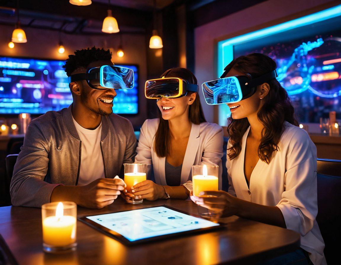 A couple on a futuristic date night, surrounded by glowing digital elements like virtual reality headsets, a holographic menu, and flickering smart candles. Capture their joyful expressions as they interact with technology in a cozy, modern café setting, blending romance with innovation. Include soft neon colors to enhance the futuristic feel. super-realistic. vibrant colors. cozy ambiance.